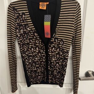 Tory Burch Black and Tan Striped Cardigan